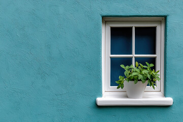 A vibrant blue wall with a white-framed window and potted green plant, capturing a simple and charming architectural detail.