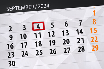 Obraz premium Calendar 2024, deadline, day, month, page, organizer, date, September, wednesday, number 4