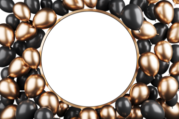 A circular frame of black and gold balloons on a white background. Perfect for party invitations, celebration announcements, and event posters. 3D Rendering