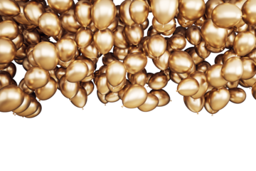 Golden balloons clustered together, isolated on a white background. The image has a clean layout and festive decoration concept. 3D Rendering