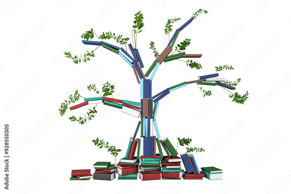 Poster a tree built from books with leaves sprouting, isolated on a white background. concept of education,