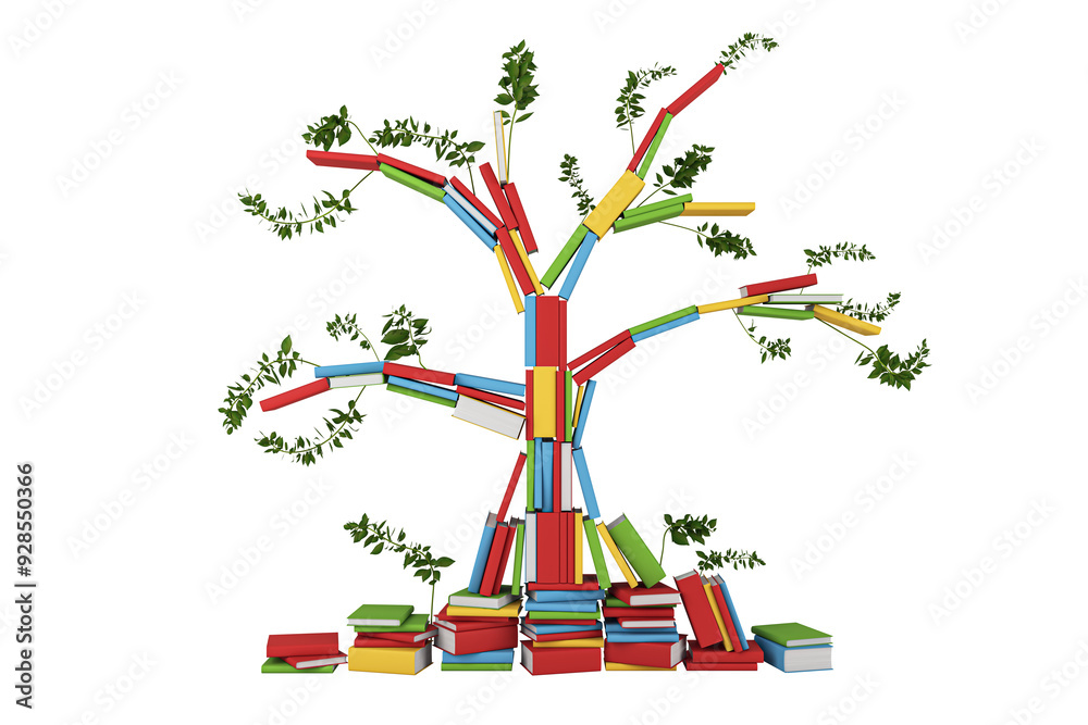 Poster tree made of colorful books with green leaves, isolated on a white background. concept of education,