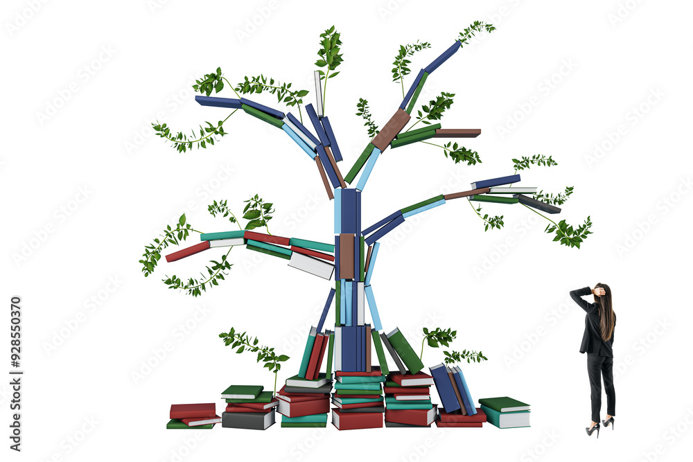Poster a tree constructed from books with leaves, observed by a person in business attire. isolated on a wh