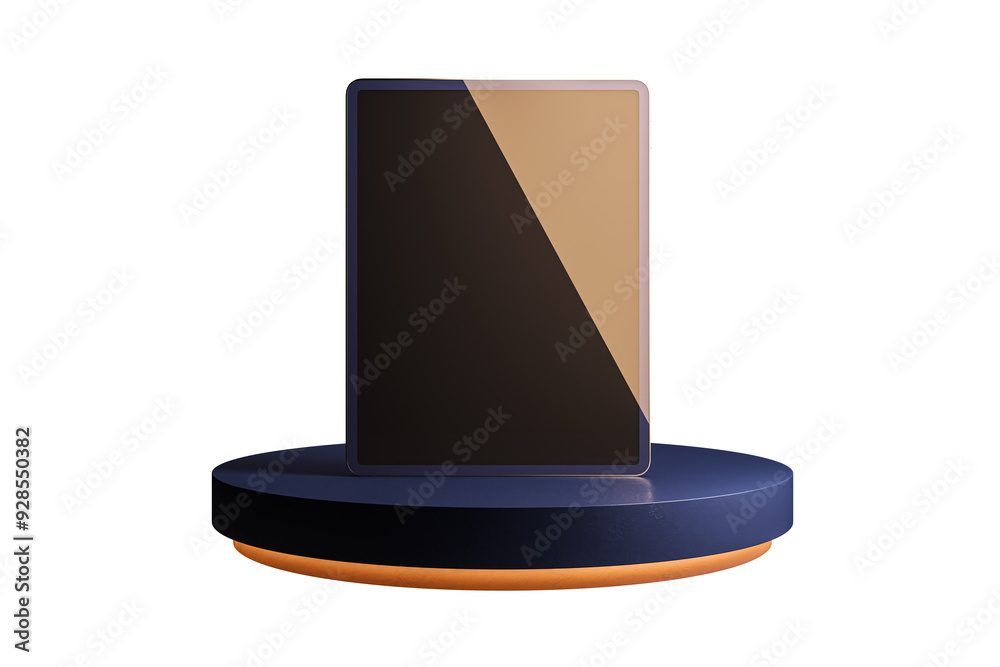 Aufkleber Digital tablet displayed on a round podium with a white background. Concept of modern technology presentation. 3D Rendering