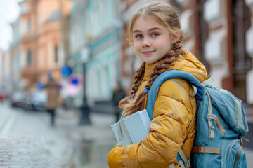 Fototapeta premium Young girl with braided hair carrying books and a yellow backpack on a busy city street.