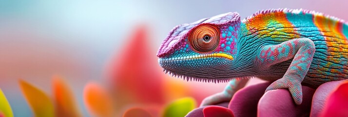 A colorful chameleon with vibrant patterns on its skin perched on a branch, set against a blurred, pastel background