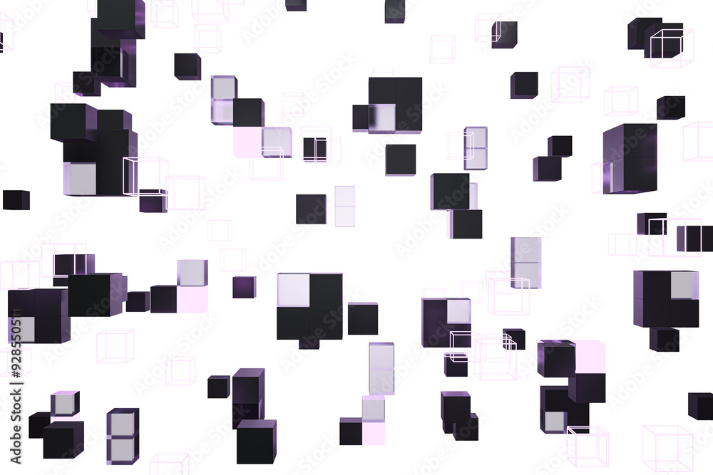 Poster 3D rendering of black and white cubes floating on a white background, creating a modern geometric layout. Concept of abstract design