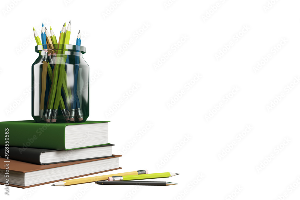 Aufkleber Stack of various colored books with a jar of pencils on top and scattered pencils in front, isolated on white background. Concept of education. 3D Rendering