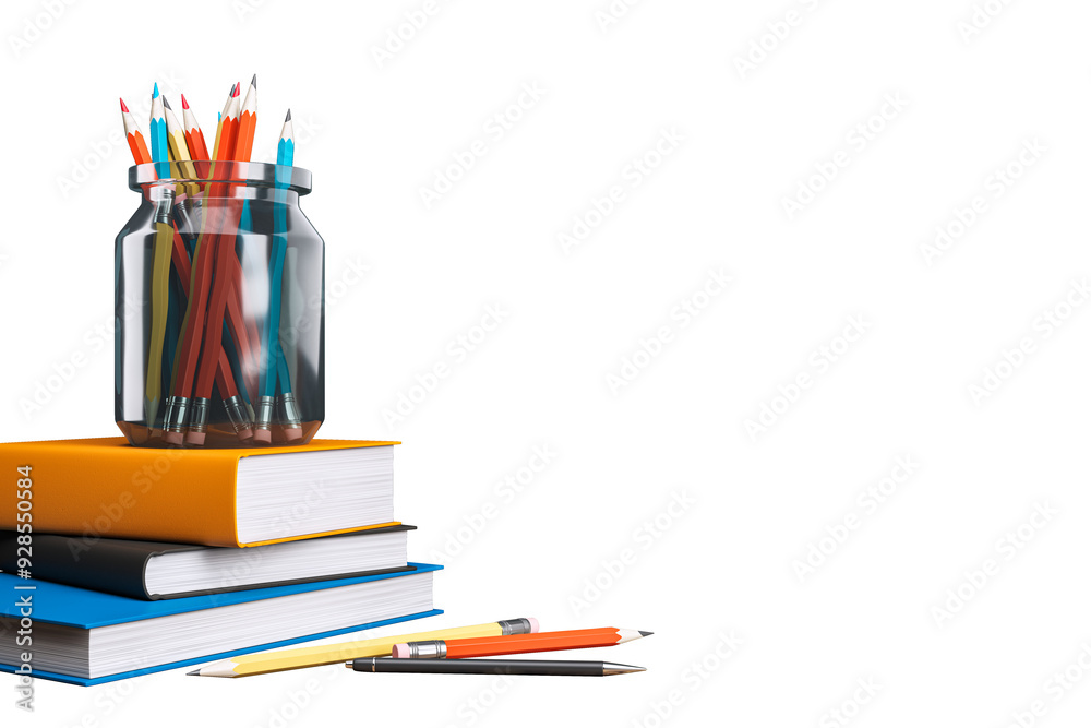 Poster books stacked with a jar of colorful pencils on top, isolated on white background. concept of educat