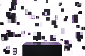 Abstract black cubes floating in space with a black platform at the bottom on a white background. Concept of modern minimalist design. 3D Rendering.