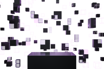 Abstract black cubes floating in space with a black platform at the bottom on a white background. Concept of modern minimalist design. 3D Rendering.