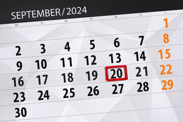 Obraz premium Calendar 2024, deadline, day, month, page, organizer, date, September, friday, number 20