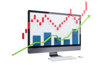 Computer monitor showcasing red candlestick chart, blue bar graph, and green upward trend line on white background. Concept of financial growth. 3D Rendering