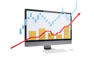 Financial trading graph and bar chart displayed on a computer screen, isolated on white background. Concept of market analysis. 3D Rendering