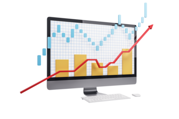 Financial trading graph and bar chart displayed on a computer screen, isolated on white background. Concept of market analysis. 3D Rendering