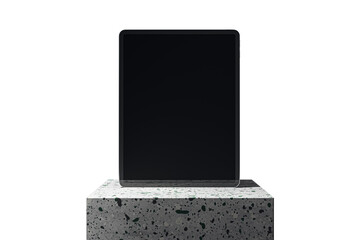 Digital tablet with a blank screen on a terrazzo cube podium, isolated on white background. Modern device presentation concept. 3D Rendering