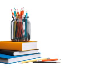 Books stacked with a jar of colorful pencils on top, isolated on white background. Concept of education and learning. 3D Rendering