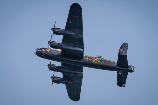 Eastbourne, Sussex, UK - 17th August 2024: Battle of Britain Memorial Flight's Avro Lancaster BII PA474 'City of Lincoln' displays at Eastbourn's Airborne airshow on 17th of August 2024.