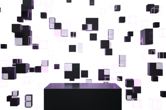 Abstract black cubes floating in space with a black platform at the bottom on a white background. Concept of modern minimalist design. 3D Rendering.