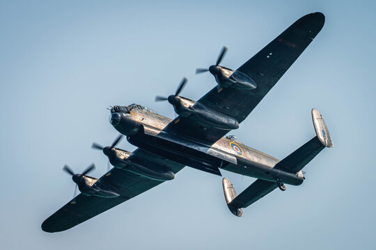Eastbourne, Sussex, UK - 17th August 2024: Battle of Britain Memorial Flight's Avro Lancaster BII PA474 'City of Lincoln' displays at Eastbourn's Airborne airshow on 17th of August 2024.