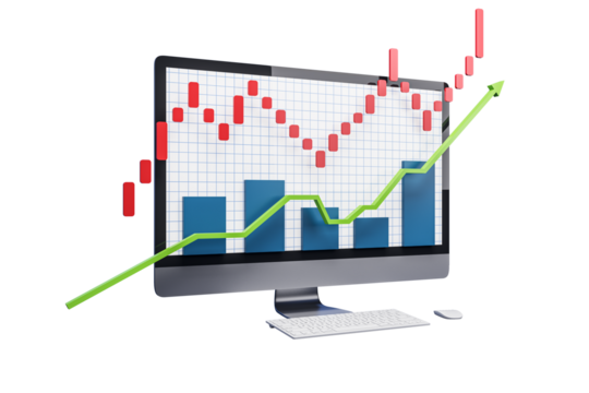 Computer monitor showcasing red candlestick chart, blue bar graph, and green upward trend line on white background. Concept of financial growth. 3D Rendering