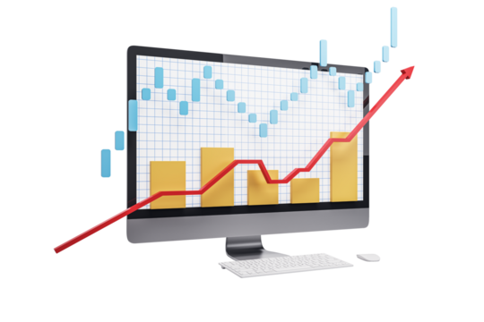 Financial trading graph and bar chart displayed on a computer screen, isolated on white background. Concept of market analysis. 3D Rendering