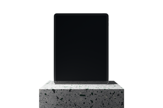Digital tablet with a blank screen on a terrazzo cube podium, isolated on white background. Modern device presentation concept. 3D Rendering