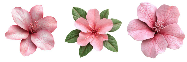 A collection of beautiful pink flowers with delicate petals and vibrant green leaves, perfect for decoration or design projects. isolated on a transparent background
