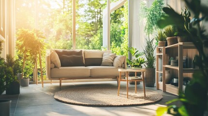 Cozy living room with large window,  plants, and sofa.