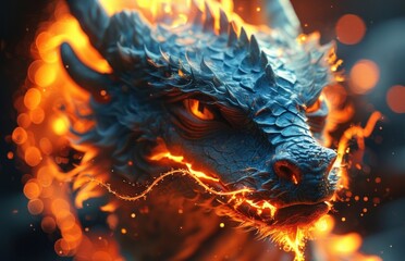 Close-up of a blue dragon breathing fire