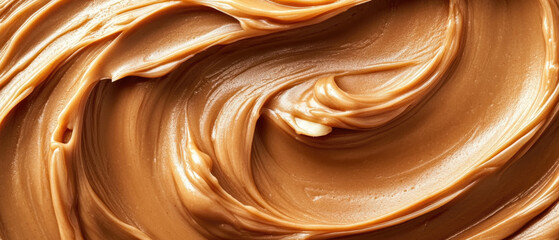 Close-up of creamy peanut butter swirls with scattered peanuts, showcasing the texture and color contrast in an extreme close-up shot.