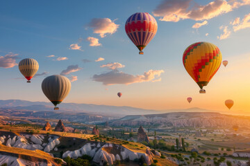 Obraz premium Colorful hot air balloons floating over Cappadocia’s unique landscape at sunrise, showcasing the beauty of travel.