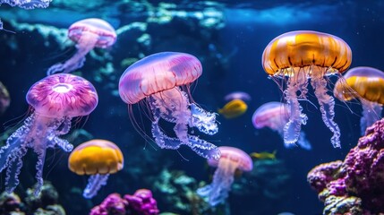Fototapeta premium Colorful Jellyfish Swimming in an Aquarium
