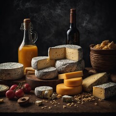 Naklejka premium Discover the richness of handcrafted cheeses with a sophisticated cheese board featuring diverse textures and complementary ingredients for any occasion