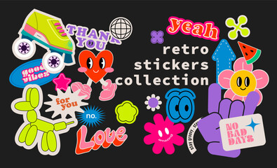 Set of retro stickers, labels, tags, stamps. Heart, Roller skates, hand, eyes, Yeah, thank you, good vibes, love. Groovy 90s style stickers. Vector, isolated background.