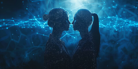 Businesspeople silhouettes against a backdrop of AI algorithms