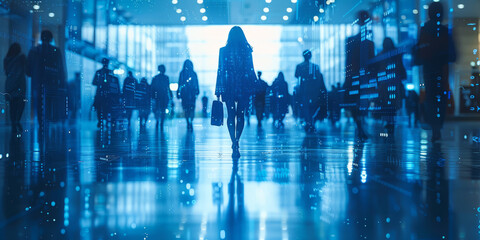 Businesspeople silhouettes against a backdrop of AI algorithms