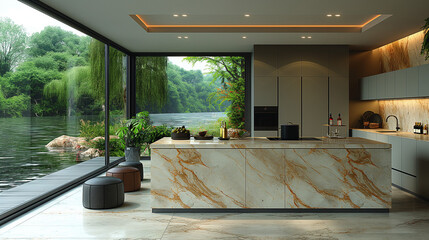 Modern kitchen with a marble island and large windows overlooking the lake and surrounding vegetation. The interior design features beige tones. Photorealistic rendering of an elegant modern interior