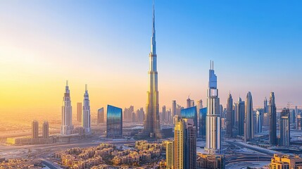 A panoramic view of a modern city skyline featuring tall skyscrapers at sunset.
