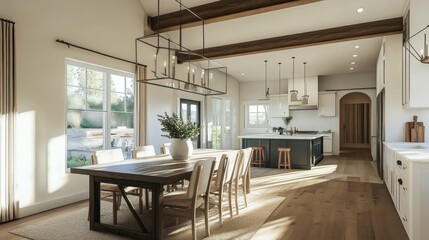Fototapeta premium Modern Farmhouse Dining Room with Natural Light and Wooden Beams.