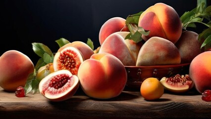 Display a mix of ripe peaches with fuzzy skins, possibly with some leaves or blossoms.