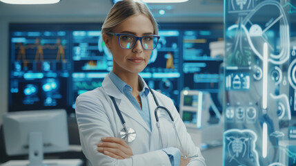 Friendly virtual assistant in a healthcare setting, interacting with medical data