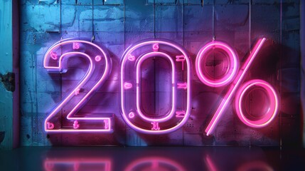 Neon 20 Percent Sign on Industrial Wall with Vibrant Glow