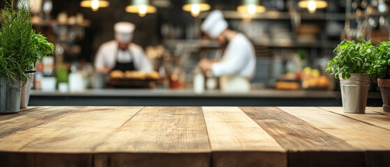 Beautiful wooden table top with a blurred background of a busy kitchen and a chef working in a restaurant or cafe