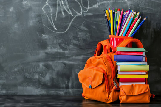 Bright orange backpack with pens and colorful notebooks in front of a chalkboard filled with drawings and equations.