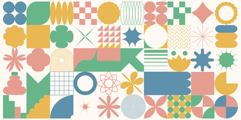 Geometric background in neo-geometry style. Various colorful abstract shapes. Vector illustration.