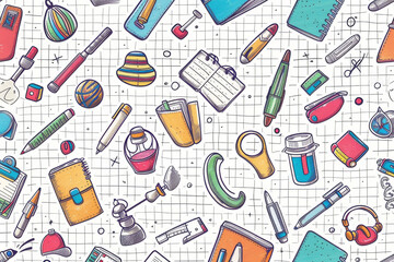 Colorful school supplies arranged on a white background with playful doodles and drawings in various colors.