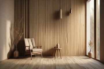 Cozy Living Room with Wooden Wall and Natural Decor