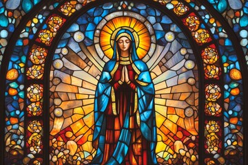 A radiant stained glass window portraying the Virgin Mary with a glowing halo, surrounded by intricate floral patterns