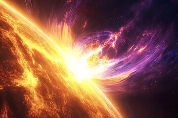 Powerful energy beam from space hitting and destroying planet surface with hot lava, illustration